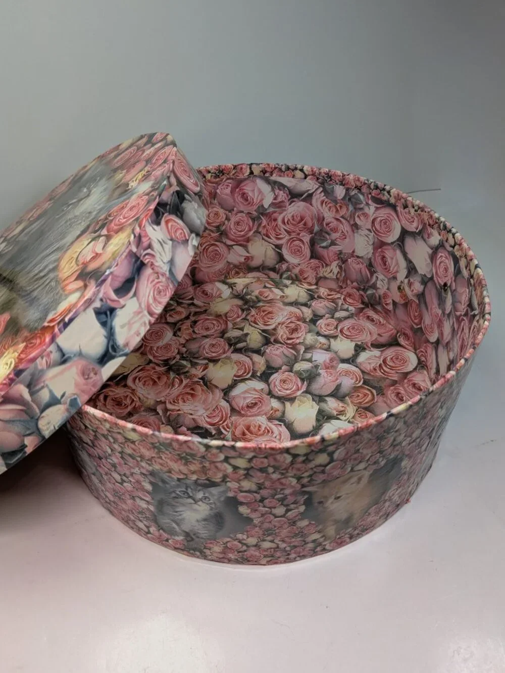 Vintage Large Round Kitten & Pink Roses Cardboard Hat Box Storage 12